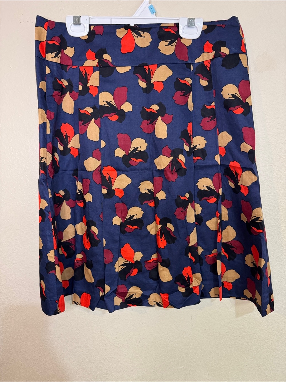 Ann Taylor Navy A-Line Skirt with Red, Tan and Burgundy Floral Print